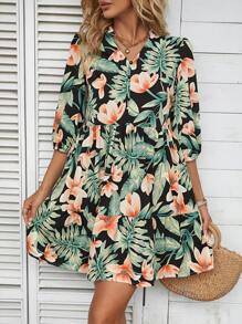 SHEIN VCAY Tropical Print Lantern Sleeve Smock Dress - Multicolor - View 5