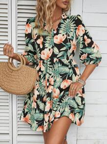 SHEIN VCAY Tropical Print Lantern Sleeve Smock Dress - Multicolor - View 6