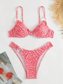 SHEIN Swim 全身印花钢圈比基尼套装，适合夏日海滩度假 - 彩色 - 查看 3