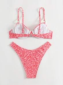 SHEIN Swim 全身印花钢圈比基尼套装，适合夏日海滩度假 - 彩色 - 查看 4