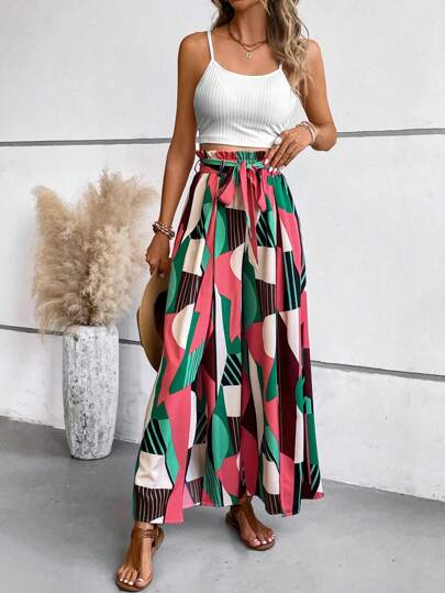 SHEIN VCAY Geo Print Cami Top & Paperbag Waist Belted Wide Leg Trousers