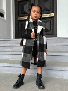 SHEIN 女小童大方格圖案絨毛外套馬甲 - 彩色 - 查看 1
