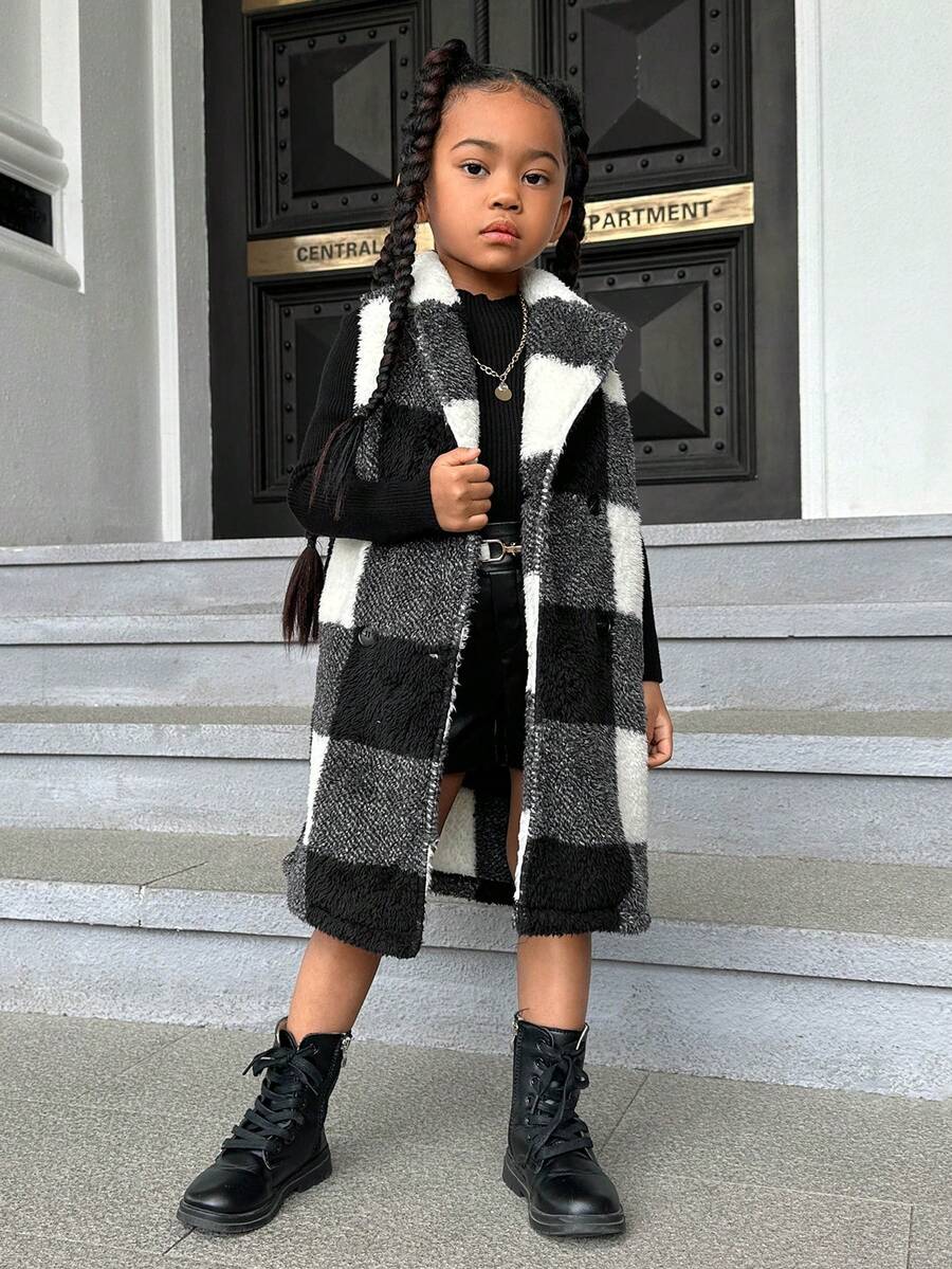 SHEIN 女小童大方格圖案絨毛外套馬甲 - 彩色 - 查看 1