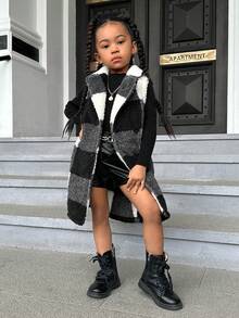 SHEIN 女小童大方格圖案絨毛外套馬甲 - 彩色 - 查看 3