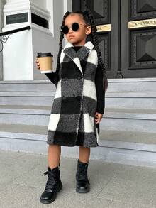 SHEIN 女小童大方格圖案絨毛外套馬甲 - 彩色 - 查看 4