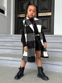 SHEIN 女小童大方格圖案絨毛外套馬甲 - 彩色 - 查看 5