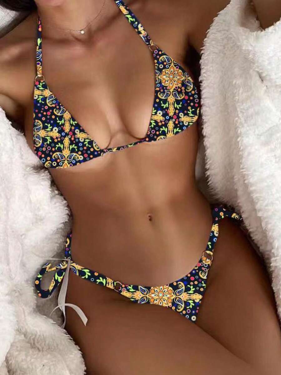 Paisley Triangle Tie Side Bikini Set For Summer Beach - Yellow - View 1