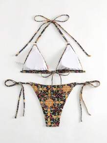 Paisley Triangle Tie Side Bikini Set For Summer Beach - Yellow - View 2