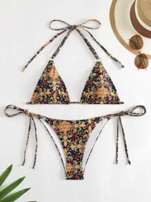 Paisley Triangle Tie Side Bikini Set For Summer Beach - Yellow - View 3