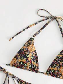 Paisley Triangle Tie Side Bikini Set For Summer Beach - Yellow - View 4