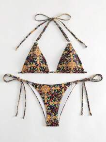 Paisley Triangle Tie Side Bikini Set For Summer Beach - Yellow - View 6