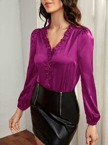 SHEIN Privé 褶邊燈籠袖緞面襯衫 - 紫色 - 查看 3