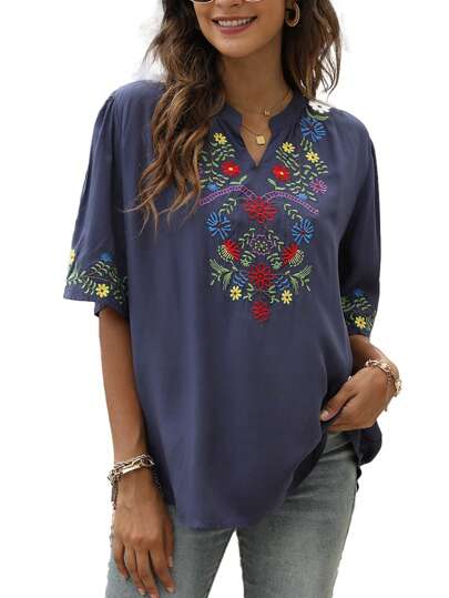Floral Embroidery Notched Neckline Puff Sleeve Blouse