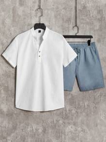 Manfinity VCAY 男士素色半排扣襯衫&腰部抽繩短褲 - 藍白色 - 查看 2