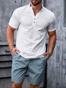 Manfinity VCAY 男士素色半排扣襯衫&腰部抽繩短褲 - 藍白色 - 查看 3