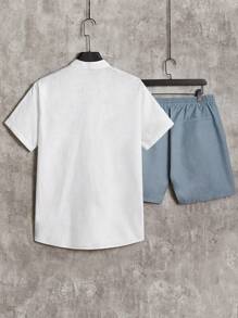 Manfinity VCAY 男士素色半排扣襯衫&腰部抽繩短褲 - 藍白色 - 查看 9