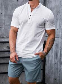 Manfinity VCAY 男士素色半排扣襯衫&腰部抽繩短褲 - 藍白色 - 查看 8