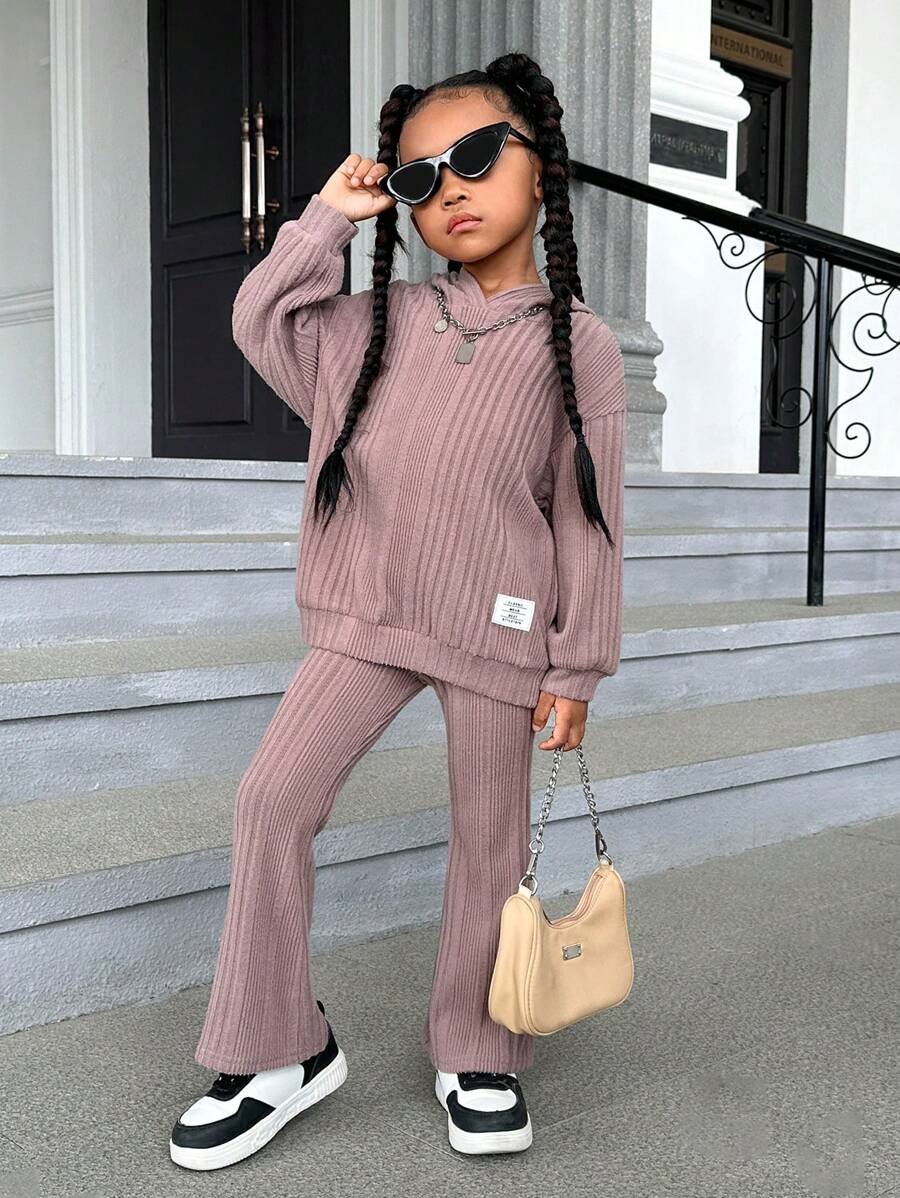 SHEIN SLAYR KIDS Young Girl Letter Patched Drop Shoulder Hoodie & Flare Leg Pants