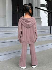 SHEIN SLAYR KIDS Young Girl Letter Patched Drop Shoulder Hoodie & Flare Leg Pants