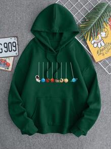 Men Planet Print Kangaroo Pocket Drawstring Thermal Hoodie - Dark Green - View 1