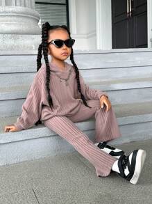 SHEIN SLAYR KIDS Young Girl Letter Patched Drop Shoulder Hoodie & Flare Leg Pants