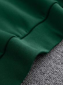 Men Planet Print Kangaroo Pocket Drawstring Thermal Hoodie - Dark Green - View 3