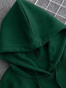 Men Planet Print Kangaroo Pocket Drawstring Thermal Hoodie - Dark Green - View 6