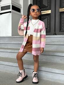 SHEIN 小女孩寬鬆V領開襟衫帶條紋,長袖 - 彩色 - 查看 4