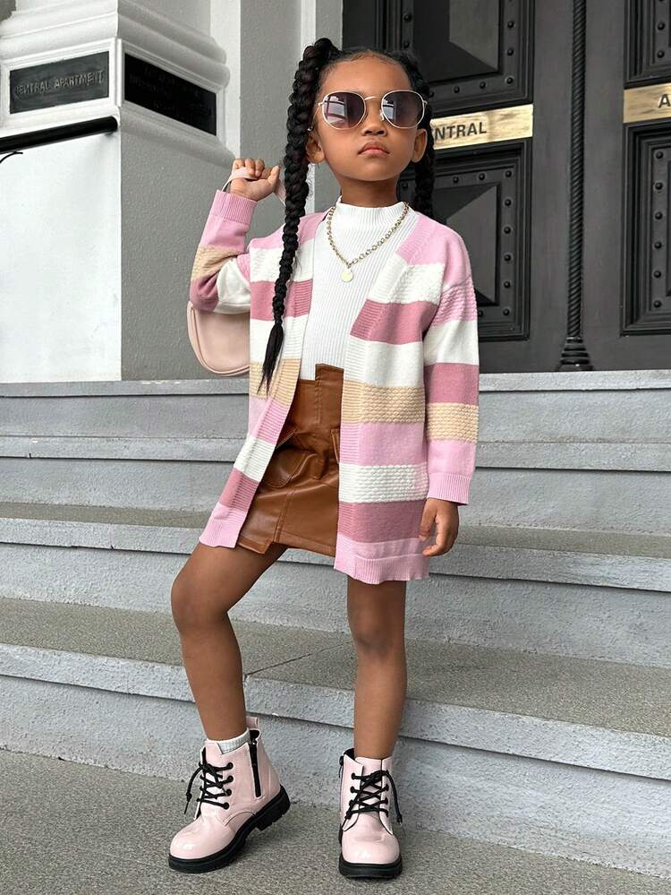 SHEIN 小女孩寬鬆V領開襟衫帶條紋,長袖 - 彩色 - 查看 4