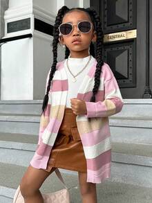 SHEIN 小女孩寬鬆V領開襟衫帶條紋,長袖 - 彩色 - 查看 5