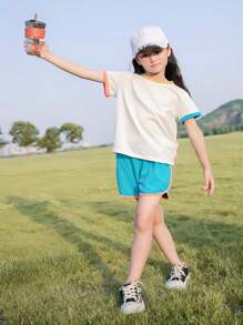 女小童滾邊T恤&短褲 - 藍白色 - 查看 1