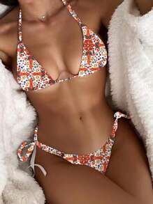 SHEIN Swim Paisley Print Triangle Tie Side Bikini Set For Summer Beach - White - View 1