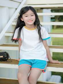 女小童滾邊T恤&短褲 - 藍白色 - 查看 3