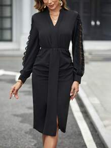 Editum Contrast Lace Lantern Sleeve Split Thigh Dress