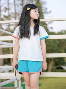 女小童滾邊T恤&短褲 - 藍白色 - 查看 4