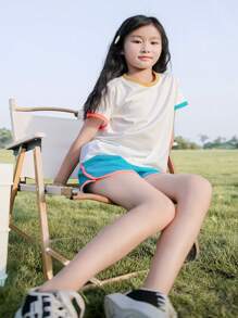 女小童滾邊T恤&短褲 - 藍白色 - 查看 5