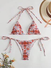 SHEIN Swim Paisley Print Triangle Tie Side Bikini Set For Summer Beach - White - View 5
