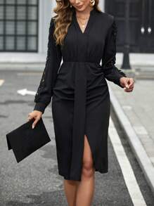 Editum Contrast Lace Lantern Sleeve Split Thigh Dress