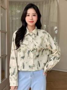 DAZY Áo sơ mi dài tay nhuộm tie-dye với chi tiết vạt vai rớt. - Màu Khaki - Xem 7