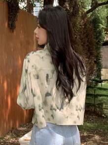 DAZY Áo sơ mi dài tay nhuộm tie-dye với chi tiết vạt vai rớt. - Màu Khaki - Xem 2