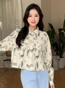 DAZY Áo sơ mi dài tay nhuộm tie-dye với chi tiết vạt vai rớt. - Màu Khaki - Xem 3