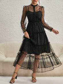 SHEIN Privé Vải in trái tim Lớp phủ lưới Xù Hoa Sen Đầm - màu đen - Xem 3