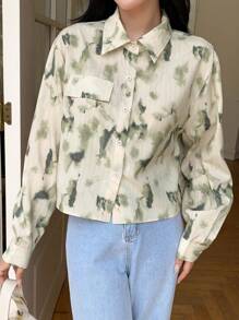 DAZY Áo sơ mi dài tay nhuộm tie-dye với chi tiết vạt vai rớt. - Màu Khaki - Xem 5