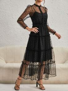 SHEIN Privé Vải in trái tim Lớp phủ lưới Xù Hoa Sen Đầm - màu đen - Xem 5