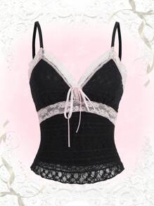 ROMWE Kawaii Contrast Lace Tie Front Cami Top, School - Black - View 6