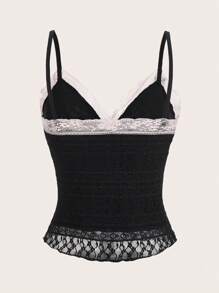 ROMWE Kawaii Contrast Lace Tie Front Cami Top, School - Black - View 2
