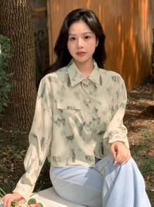 DAZY Áo sơ mi dài tay nhuộm tie-dye với chi tiết vạt vai rớt. - Màu Khaki - Xem 8