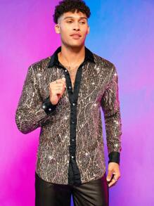 FeverCity Nam Cổ áo tương phản Kim sa Áo sơ mi - Vàng - Xem 4