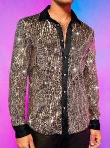 FeverCity Nam Cổ áo tương phản Kim sa Áo sơ mi - Vàng - Xem 6