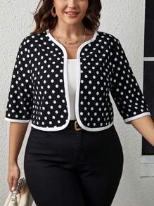 SHEIN Clasi 大碼波點圖案撞色滾邊開門襟夾克 - 黑與白 - 查看 1
